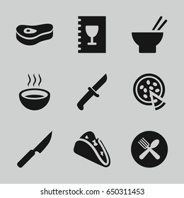 Dinner icons set. set of 9 dinner filled icons such as taco, asian food, soup, spoon and fork, pizza, menu, meat