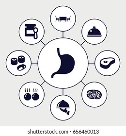 Dinner icons set. set of 9 dinner filled icons such as baby food, pizza, beef, stomach, dish, dish serving, restaurant table, meat