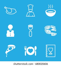 Dinner icons set. set of 9 dinner filled and outline icons such as pizza, soup, plate with spoon and fork, waiter, fork, chef, menu