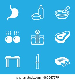 Dinner icons set. set of 9 dinner filled and outline icons such as beef, stomach, meat, porridge, drink and food, knife, pepper