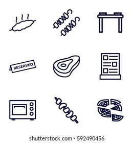 dinner icons set. Set of 9 dinner outline icons such as beef, pizza, kebab, menu, reserved, meat, microwave