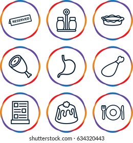 Dinner icons set. set of 9 dinner outline icons such as plate fork and spoon, beef, pie, meat leg, stomach, menu, reserved