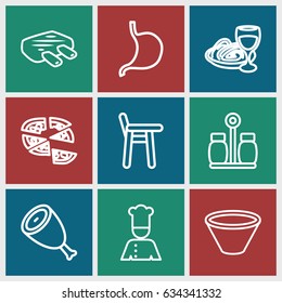 Dinner icons set. set of 9 dinner outline icons such as beef, pizza, pasta and wine glass, stomach, chef, pepper, meat, bowl