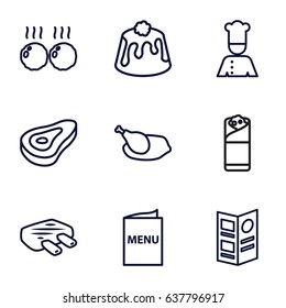 Dinner icons set. set of 9 dinner outline icons such as beef, burrito, pie, chef, menu, chicken