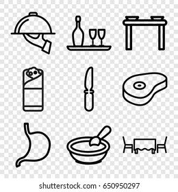 Dinner icons set. set of 9 dinner outline icons such as porridge, burrito, knife, beef, stomach, wine bottle and glass, dish serving, restaurant table