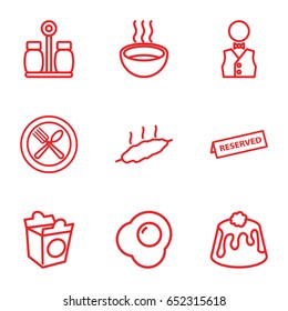 Dinner icons set. set of 9 dinner outline icons such as pie, take away food, soup, spoon and fork, waiter, reserved, pepper, meat