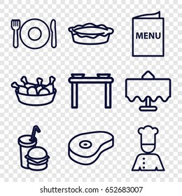 Dinner icons set. set of 9 dinner outline icons such as plate fork and spoon, restaurant table, chicken leg, pie, burger and drink, beef, chef, menu
