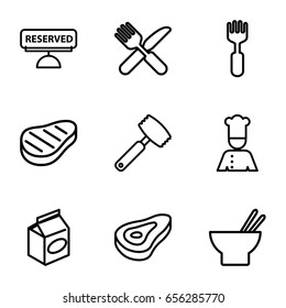 Dinner icons set. set of 9 dinner outline icons such as beef, asian food, fork and knife, fork, take away food, chef, reserved