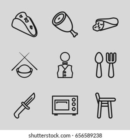 Dinner icons set. set of 9 dinner outline icons such as beef, fork and spoon, wrap sandwich, taco, waiter, microwave, asian food, knife