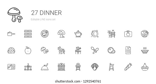 dinner icons set. Collection of dinner with baby chair, turkey, restaurant, roast, wedding invitation, steaks, spoon, sauce, food and restaurant. Editable and scalable dinner icons.