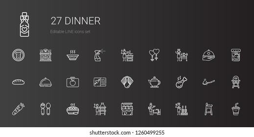 dinner icons set. Collection of dinner with churrasco, setting the table, meat, brick grill, pie, cutlery, healthy food, chicken leg, teapot. Editable and scalable dinner icons.