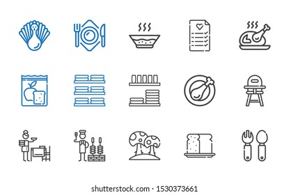 dinner icons set. Collection of dinner with cutlery, bread, mushroom, churrasco, setting the table, baby chair, chicken leg, dinnerware, dishes. Editable and scalable dinner icons.