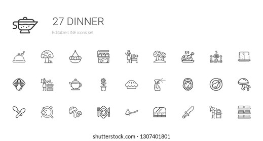 dinner icons set. Collection of dinner with knife, food and restaurant, spoon, plate, mushroom, pilgrim, tools and utensils, pie, pot, teapot. Editable and scalable dinner icons.