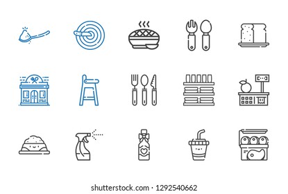 dinner icons set. Collection of dinner with meat, drink, wine bottle, tools and utensils, pet food, dinnerware, cutlery, baby chair, restaurant. Editable and scalable dinner icons.