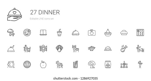 dinner icons set. Collection of dinner with pet food, mushroom, soda, food and restaurant, healthy food, bread, plate, sauce, shashlik, turkey. Editable and scalable dinner icons.