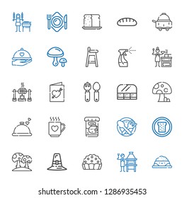dinner icons set. Collection of dinner with pet food, brick grill, pie, pilgrim, mushroom, bread, food, fish food, drink, and restaurant. Editable and scalable dinner icons.