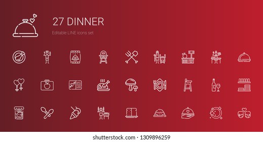 dinner icons set. Collection of dinner with pet food, bread, shashlik, food and restaurant, spoon, fish food, baby chair, plate, mushrooms. Editable and scalable dinner icons.