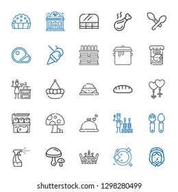 dinner icons set. Collection of dinner with pilgrim, plate, mushrooms, tools and utensils, cutlery, churrasco, mushroom, meat, couple, bread. Editable and scalable dinner icons.