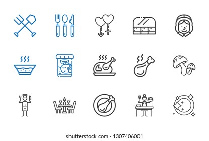 dinner icons set. Collection of dinner with plate, sauce, chicken leg, chef, mushroom, turkey, fish food, soup, pilgrim, food and restaurant. Editable and scalable dinner icons.