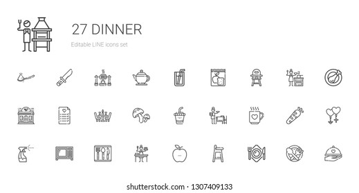dinner icons set. Collection of dinner with plate, baby chair, healthy food, sauce, cutlery, microwave, tools and utensils, drink, setting the table. Editable and scalable dinner icons.