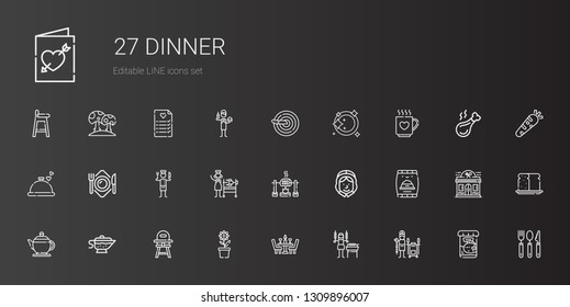 dinner icons set. Collection of dinner with tandoor, shashlik, pot, baby chair, sauce, teapot, pet food, pilgrim, roast, rotisserie, chef. Editable and scalable dinner icons.