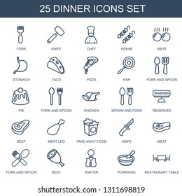 dinner icons. Trendy 25 dinner icons. Contain icons such as fork, knife, chef, kebab, meat, stomach, taco, pizza, pan, fork and spoon, pie, chicken. dinner icon for web and mobile.