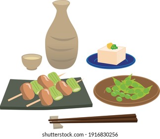 Dinner-Illustrationssatz mit Sake und Yakitori, kalter Tofu, edamame 