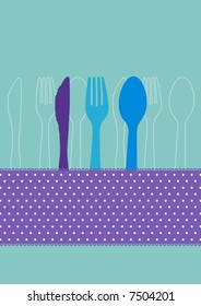 Dinner invitation card design with spoon, fork, knife and polkadots