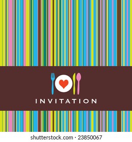 Dinner invitation with spoon, fork, knife and dinnerplate, striped retro background