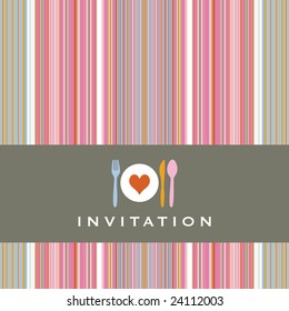 Dinner invitation with spoon, fork, knife and dinnerplate, striped retro background