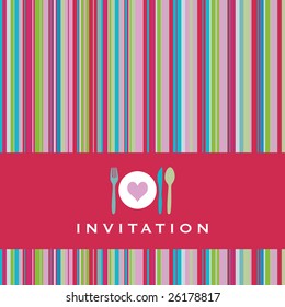 Dinner invitation with spoon, fork, knife and dinnerplate, striped retro background
