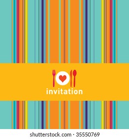 Dinner invitation with spoon, fork, knife and dinnerplate, striped retro background