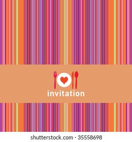 Dinner invitation with spoon, fork, knife and dinnerplate, striped retro background