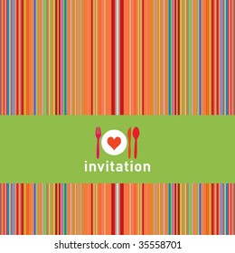 Dinner invitation with spoon, fork, knife and dinnerplate, striped retro background