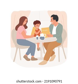 Dinner isolated cartoon vector illustration. Family sitting in a hotel restaurant, reading a la carte menu, evening out, having dinner with kids, summer vacation resort vector cartoon.