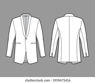 Dinner jacket tuxedo suit technical fashion illustration with long sleeves, shawl lapel collar, welt pockets, regular front cut. Flat coat template back, white color. Women, men, unisex top CAD mockup