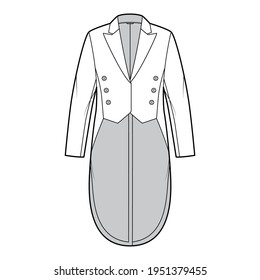 Dinner jacket tuxedo technical fashion illustration with double breasted, long sleeves, peaked collar, low high hem. Flat coat template front, white color style. Women, men, unisex top CAD mockup