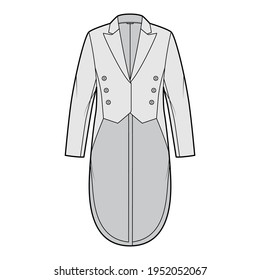 Dinner jacket tuxedo technical fashion illustration with double breasted, long sleeves, peaked collar, low high hem. Flat coat template front, grey color style. Women, men, unisex top CAD mockup