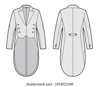 Dinner jacket tuxedo technical fashion illustration with double breasted, long sleeves, peaked collar, low high hem. Flat coat template front, back, grey color style. Women, men, unisex top CAD mockup