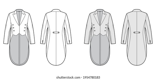 Dinner jacket tuxedo technical fashion illustration with double breasted, long sleeves, peaked collar, low high hem. Flat coat template front, back, white, grey color style. Women, men top CAD mockup