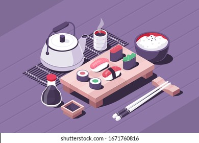 Dinner in Japan Restaurant. Sushi Sashimi and Sushi Rolls Set, Rice Bowl, Tea Pot Served in Traditional Style with Chopsticks and Soy Sauce. Japanese Asian Food. Flat Isometric Vector  Illustration.