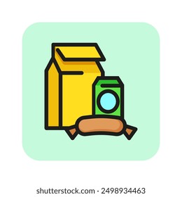 Dinner line icon. Paper bag, sausage, drink. Lunch box concept. Can be used for topics like snack, fast food, office lunch