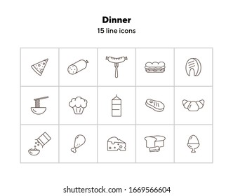 Dinner line icon set. Fast food, breakfast, meat. Eating concept. Can be used for topics like cooking, grocery, supermarket