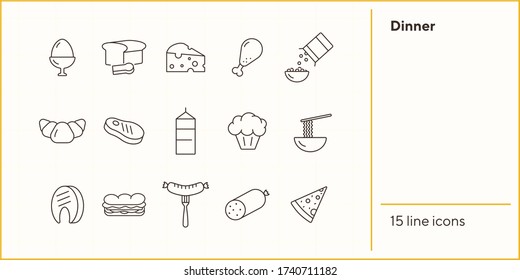 Dinner line icon set. Fast food, breakfast, meat. Eating concept. Can be used for topics like cooking, grocery, supermarket