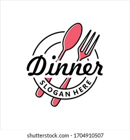 dinner logo with a fork and spoon, Restaurant, resto, food court, cafe logo template,  Luxury logo design template vector illustration, Round linear logo of dinner