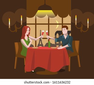 Dinner of lovers in the Paris café. Couple sit at table and sing wine