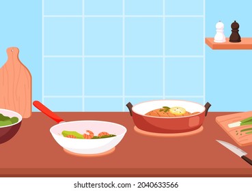 Dinner or lunch complete. Kitchen illustration, salad prepare. Home delicious food on table vector background