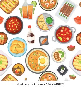 Dinner, lunch and fast food seamless pattern, vector illustration. Junk food and healthy dinner background. Cartoon soups, pizza, hot dog, french fries and pies. For restaurant menu cover backdrop.