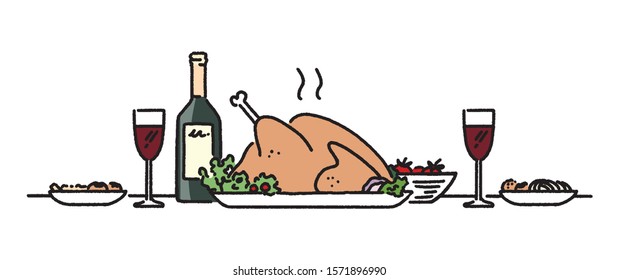 Dinner meal with a roasted chicken, hand-drawn style vector illustration.