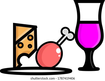 Menú de cena Queso, Pollo, Vector de Vino Ilustración